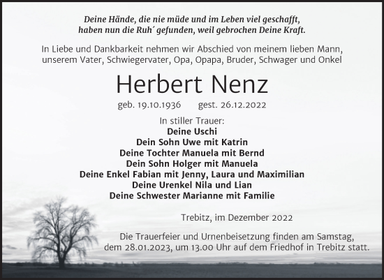 Traueranzeige von Herbert Nenz von Trauerkombi Wittenberg