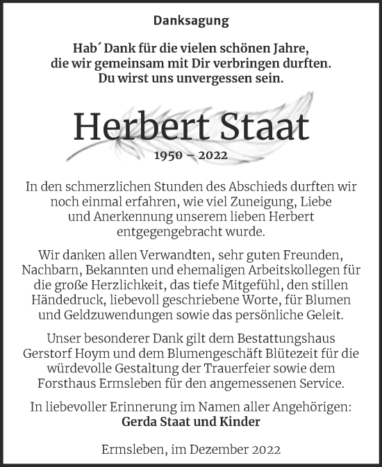 Traueranzeige von Herbert Staat von Trauerkombi Quedlinburg