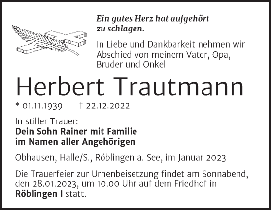 Traueranzeige von Herbert Trautmann von Trauerkombi Merseburg