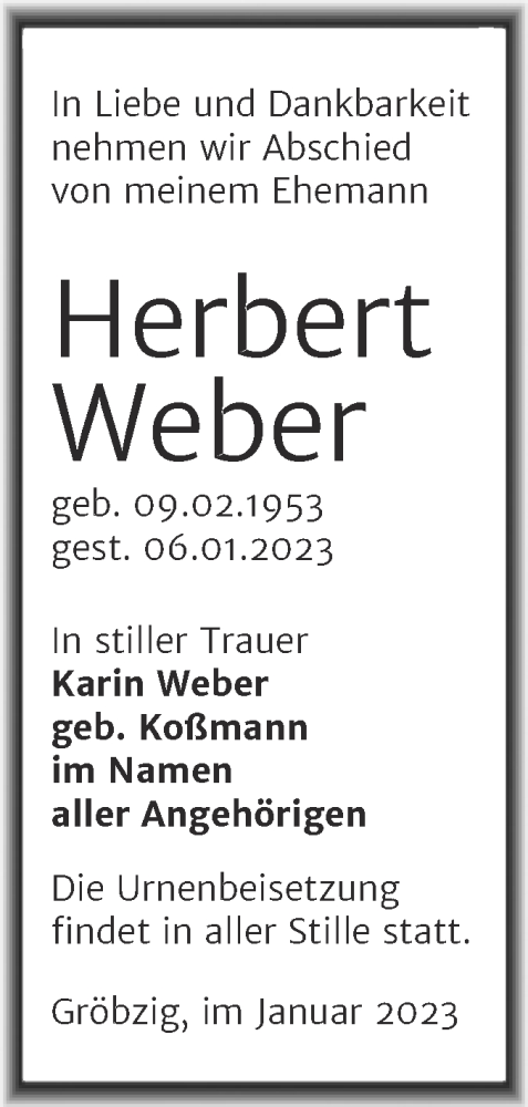 Traueranzeige von Herbert Weber von Trauerkombi Köthen