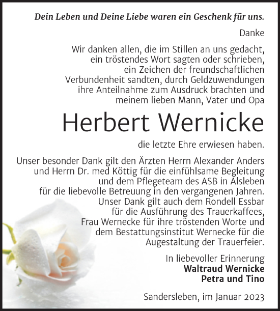 Traueranzeige von Herbert Wernicke von Trauerkombi Mansfelder Land