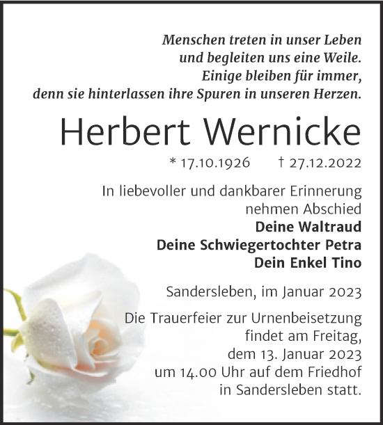 Traueranzeige von Herbert Wernicke von Trauerkombi Mansfelder Land