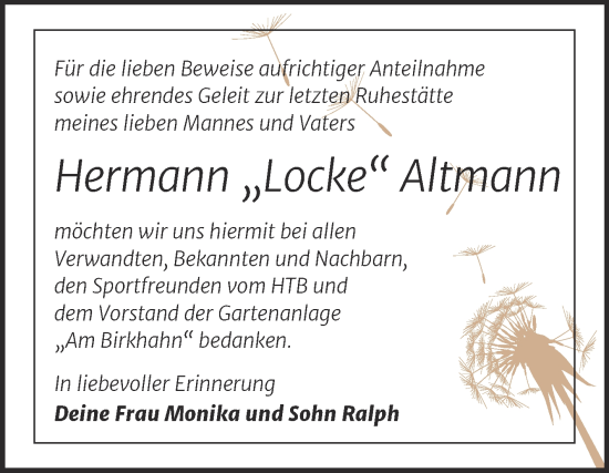 Traueranzeige von Hermann Altmann von Mitteldeutsche Zeitung Halle/Saalkreis