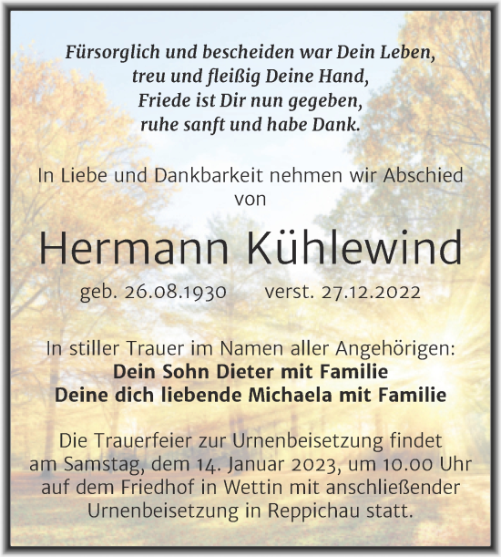 Traueranzeige von Hermann Kühlewind von Mitteldeutsche Zeitung Halle/Saalkreis