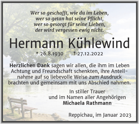 Traueranzeige von Hermann Kühlewind von Mitteldeutsche Zeitung Halle/Saalkreis