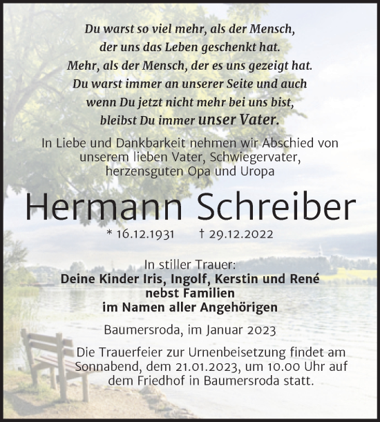 Traueranzeige von Hermann Schreiber von Wochenspiegel Naumburg/Nebra