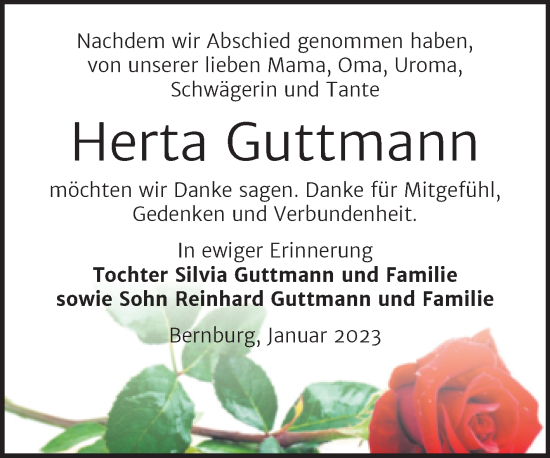 Traueranzeige von Herta Guttmann von Trauerkombi Bernburg