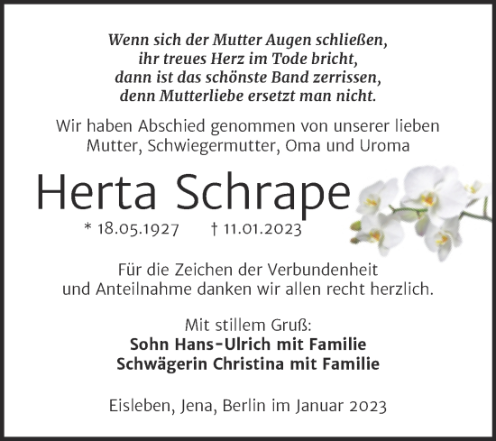 Traueranzeige von Herta Schrape von Trauerkombi Mansfelder Land