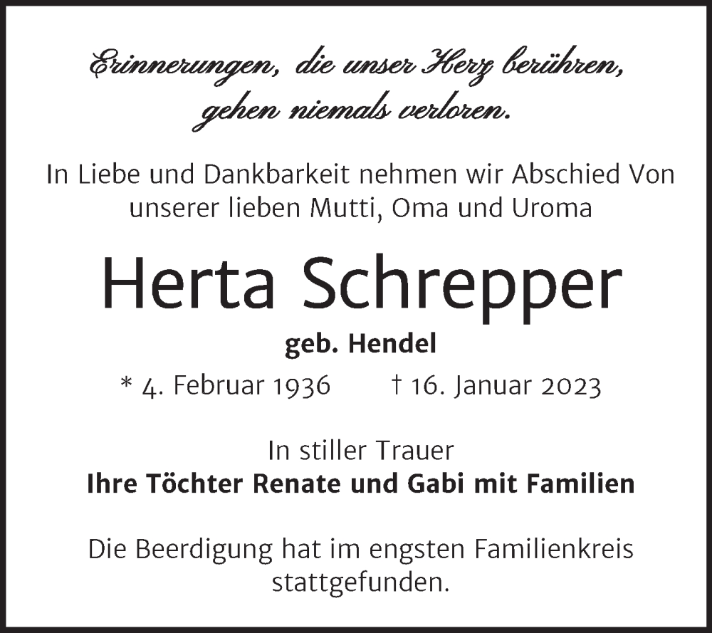  Traueranzeige für Herta Schrepper vom 28.01.2023 aus Mitteldeutsche Zeitung Halle/Saalkreis