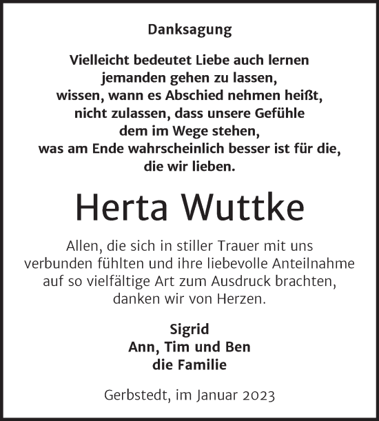 Traueranzeige von Herta Wuttke von Trauerkombi Mansfelder Land