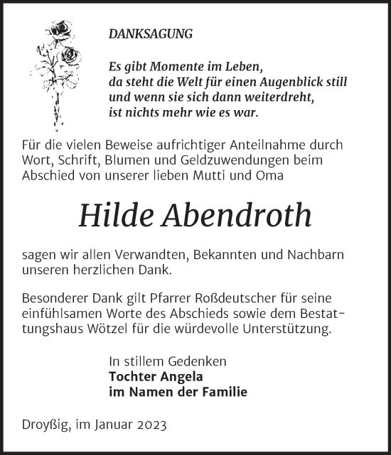 Traueranzeige von Hilde Abendroth von Trauerkombi Zeitz