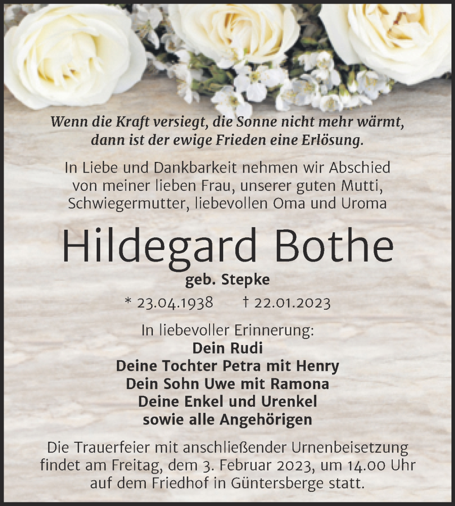  Traueranzeige für Hildegard Bothe vom 28.01.2023 aus Trauerkombi Quedlinburg
