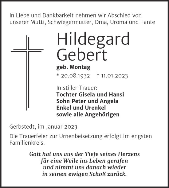 Traueranzeige von Hildegard Gebert von Trauerkombi Mansfelder Land