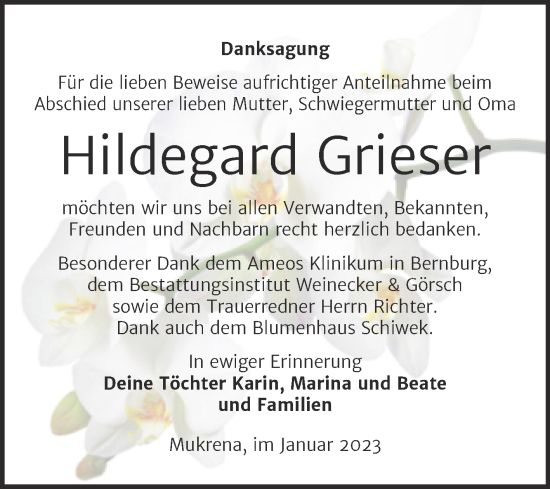 Traueranzeige von Hildegard Grieser von Trauerkombi Bernburg