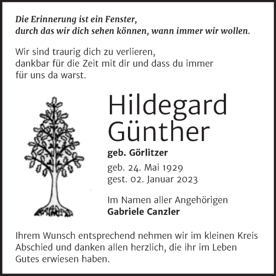 Traueranzeige von Hildegard Günther von Trauerkombi Wittenberg
