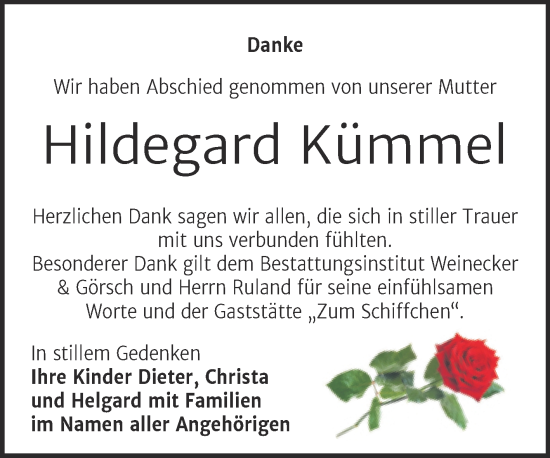 Traueranzeige von Hildegard Kümmel von Trauerkombi Bernburg
