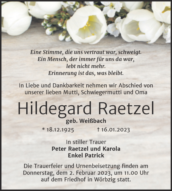 Traueranzeige von Hildegard Raetzel von Trauerkombi Köthen