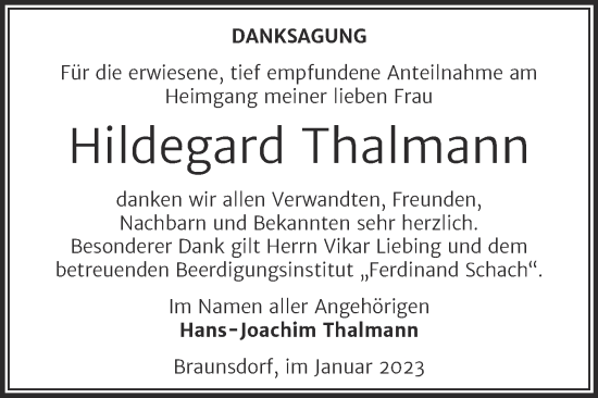 Traueranzeige von Hildegard Thalmann von Trauerkombi Wittenberg