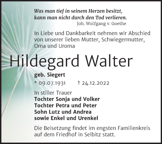Traueranzeige von Hildegard Walter von Trauerkombi Wittenberg