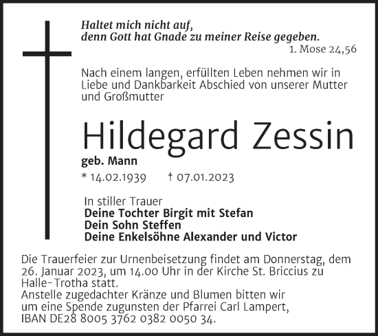 Traueranzeige von Hildegard Zessin von Mitteldeutsche Zeitung Halle/Saalkreis