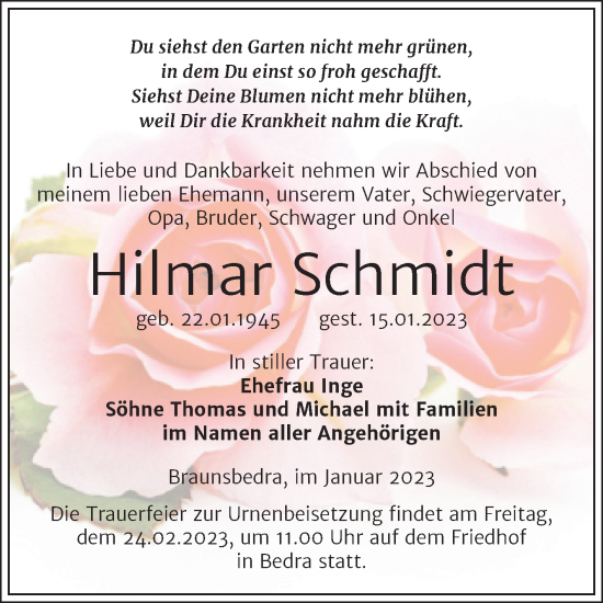 Traueranzeige von Hilmar Schmidt von Trauerkombi Merseburg