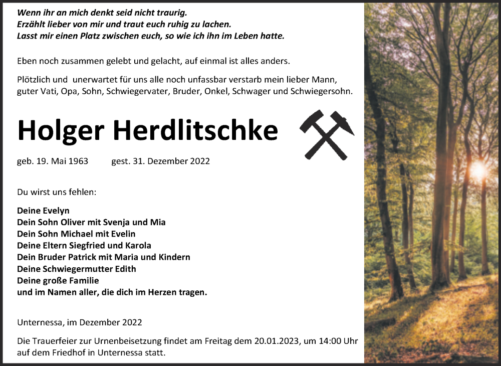  Traueranzeige für Holger Herdlitschke vom 07.01.2023 aus Trauerkombi Weißenfels