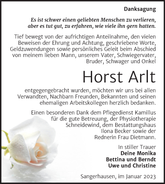Traueranzeige von Horst Arlt von Trauerkombi Sangerhausen