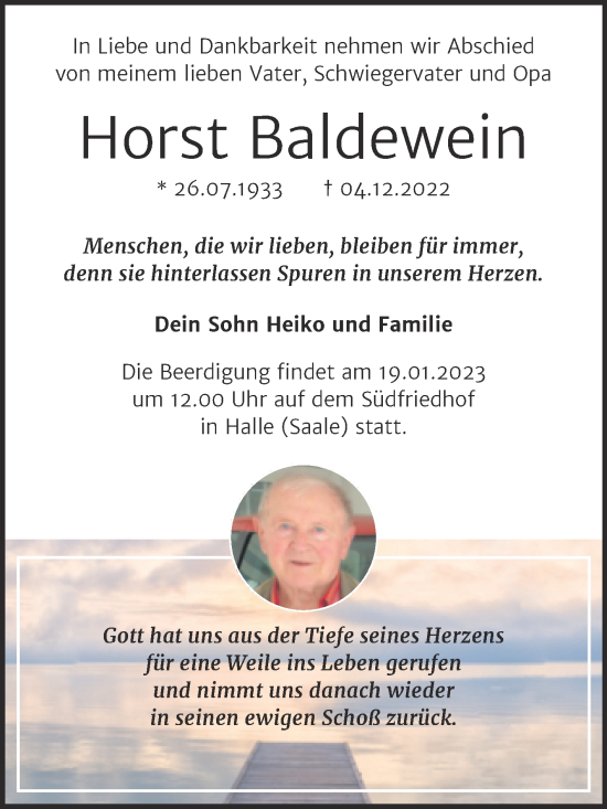 Traueranzeige von Horst Baldewein von Mitteldeutsche Zeitung Halle/Saalkreis