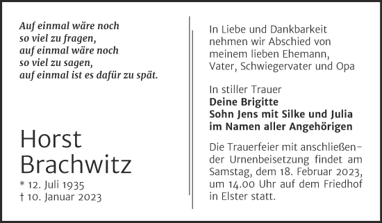 Traueranzeige von Horst Brachwitz von Trauerkombi Wittenberg