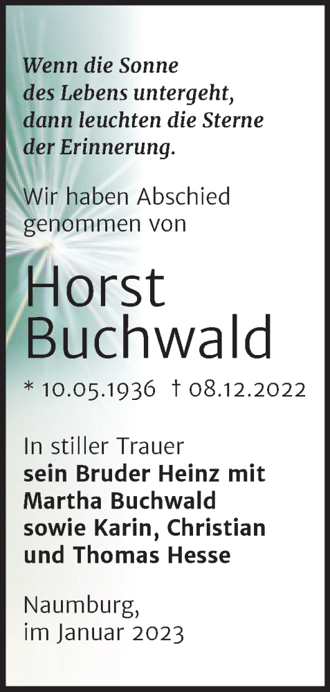 Traueranzeige von Horst Buchwald von Wochenspiegel Naumburg/Nebra