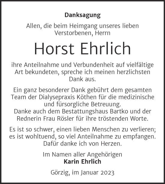 Traueranzeige von Horst Ehrlich von Mitteldeutsche Zeitung Köthen