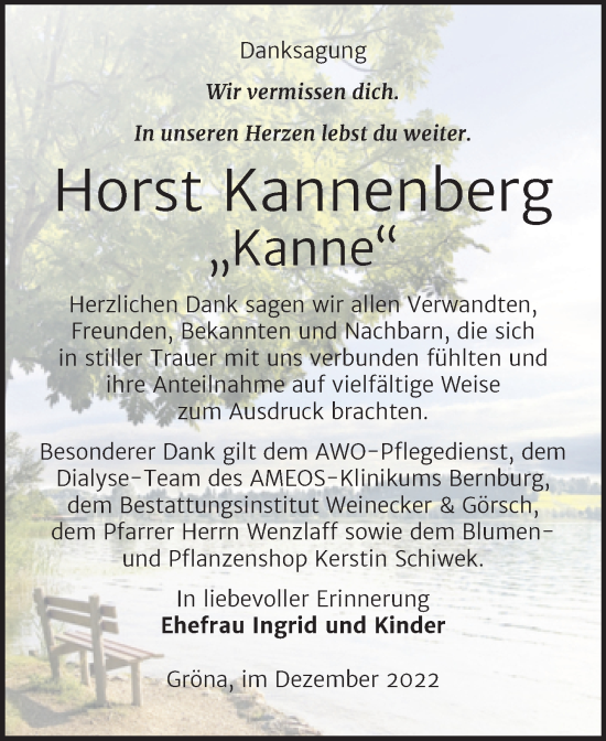 Traueranzeige von Horst Kannenberg von Trauerkombi Bernburg