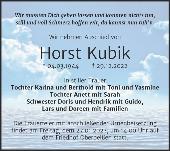 Traueranzeige von Horst Kubik von Trauerkombi Bernburg