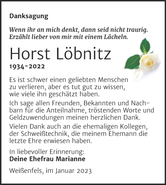 Traueranzeige von Horst Löbnitz von Trauerkombi Weißenfels