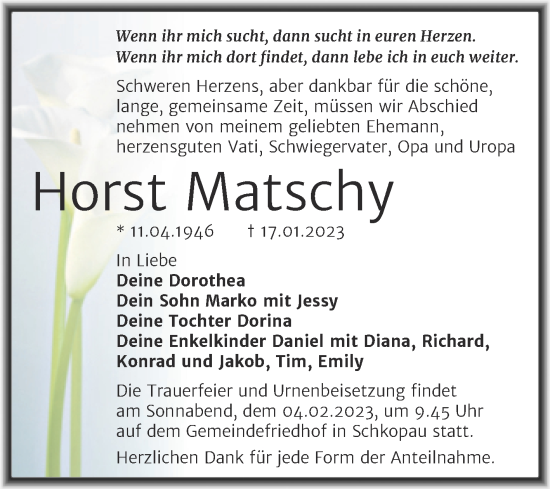 Traueranzeige von Horst Matschy von Trauerkombi Merseburg