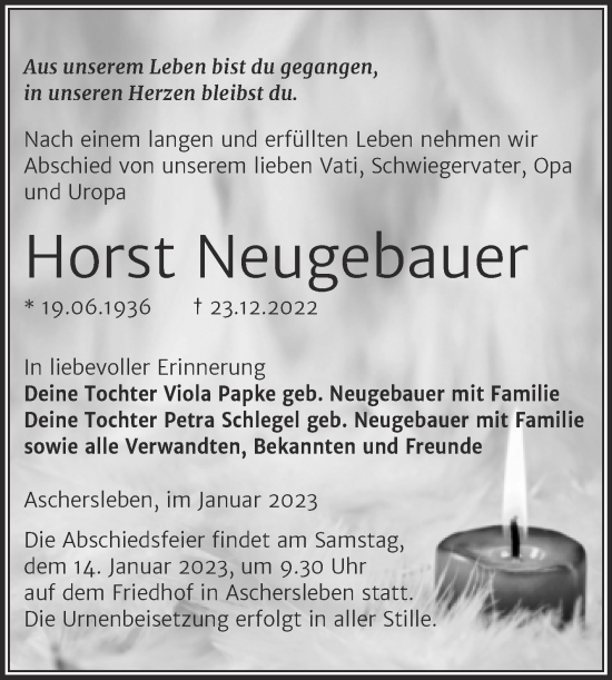 Traueranzeige von Horst Neugebauer von Trauerkombi Aschersleben