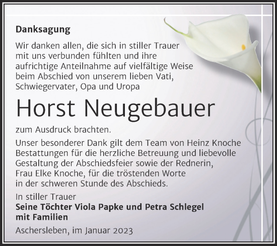 Traueranzeige von Horst Neugebauer von Trauerkombi Aschersleben