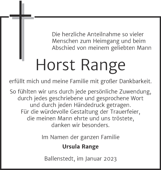 Traueranzeige von Horst Range von Trauerkombi Quedlinburg
