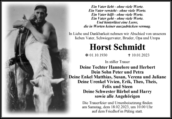 Traueranzeige von Horst Schmidt von Trauerkombi Wittenberg