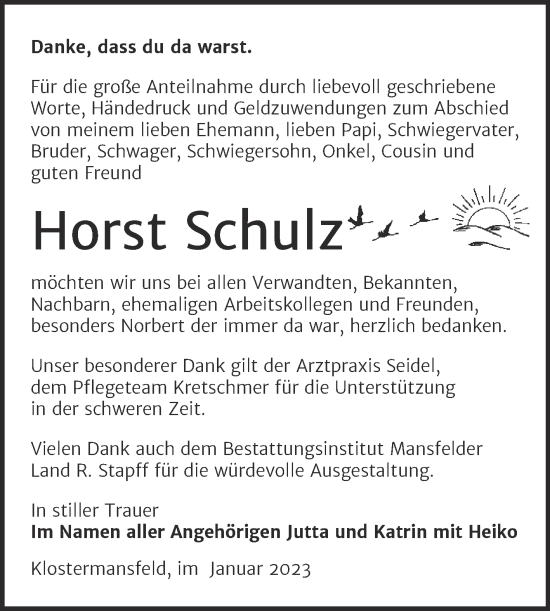 Traueranzeige von Horst Schulze von Trauerkombi Mansfelder Land