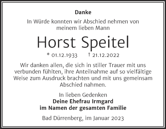 Traueranzeige von Horst Speitel von Trauerkombi Merseburg