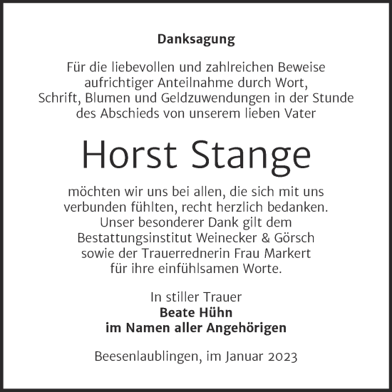 Traueranzeige von Horst Stange von Trauerkombi Bernburg