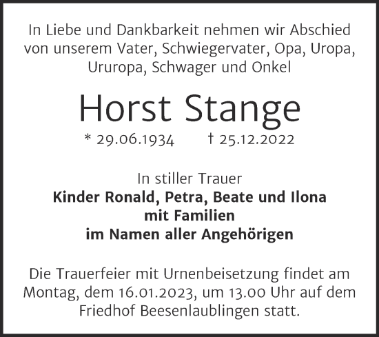 Traueranzeige von Horst Stange von Trauerkombi Bernburg
