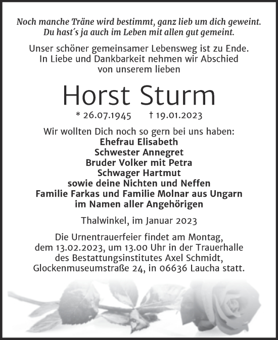 Traueranzeige von Horst Sturm von Naumburger Tageblatt