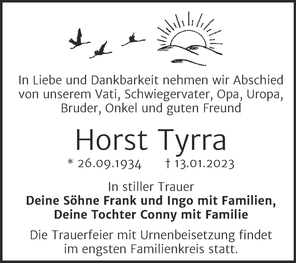  Traueranzeige für Horst Tyrra vom 21.01.2023 aus Mitteldeutsche Zeitung Halle/Saalkreis