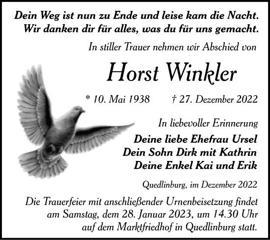 Traueranzeige von Horst Winkler von Trauerkombi Quedlinburg