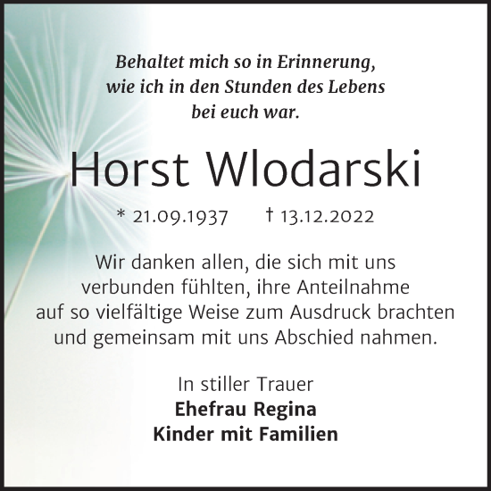 Traueranzeige von Horst Wlodarski von Trauerkombi Bitterfeld