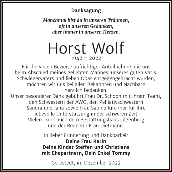 Traueranzeige von Horst Wolf von Trauerkombi Mansfelder Land