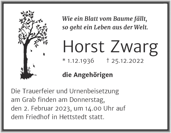 Traueranzeige von Horst Zwarg von Trauerkombi Mansfelder Land