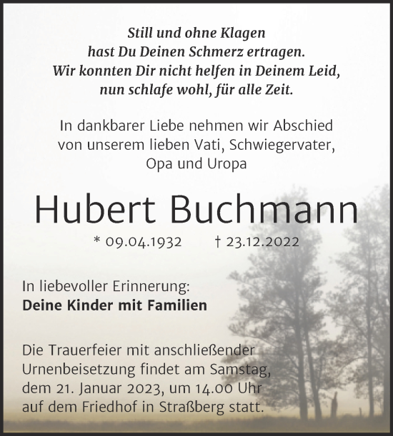 Traueranzeige von Hubert Buchmann von Trauerkombi Quedlinburg